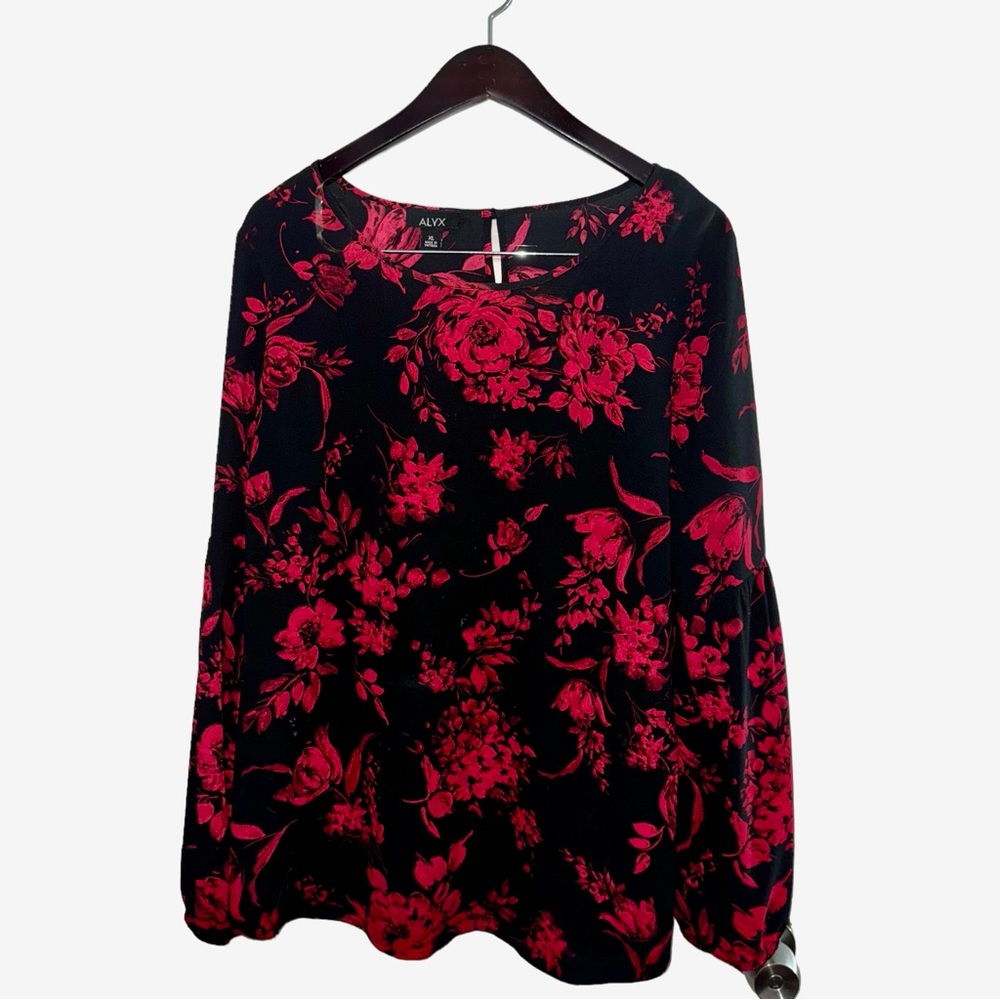 Alyx Women's Black Red Black Floral Crepe Blouse Size XL - Picture 9 of 17